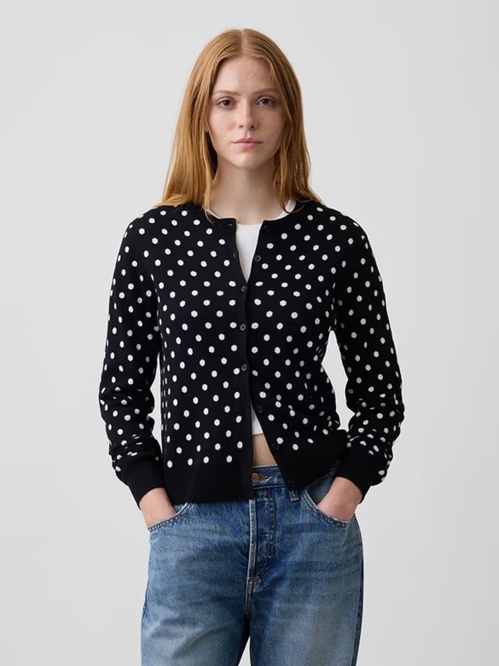 Gap Polkadot Crewneck Cardigan Sweater Preppy Classic Fall Office Teacher NWT S